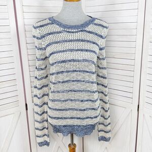 Xhilaration Striped Open Weave Mesh Sweater Blue Cream Medium